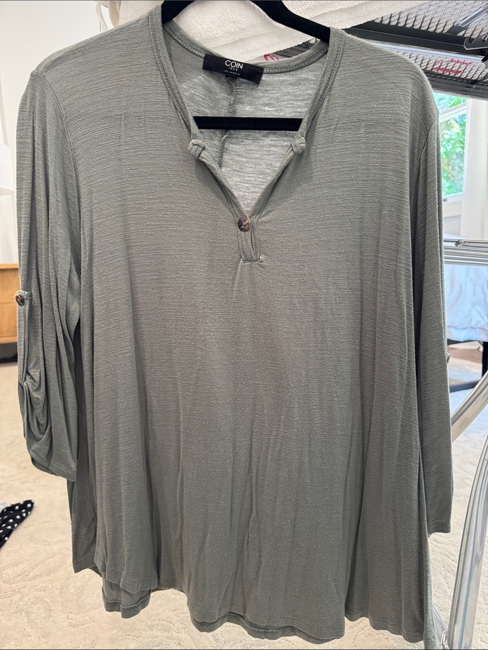 COIN 3/4 Sleeve Henley Top in Sage